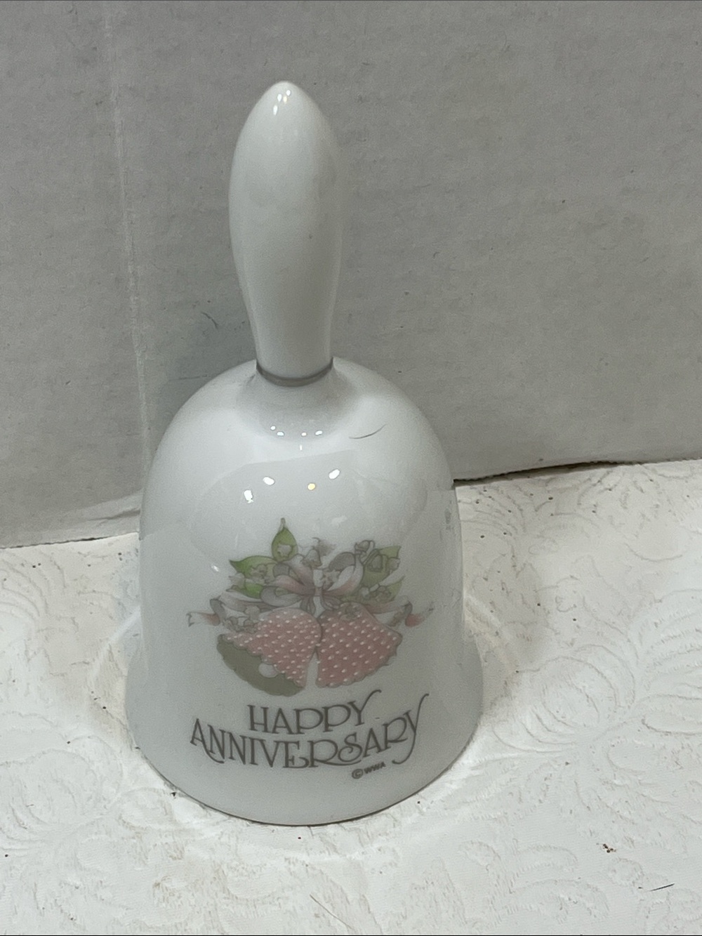 VTG White Porcelain 'Happy Anniversary' Decorative Keepsake Bell Japan 5”Tall